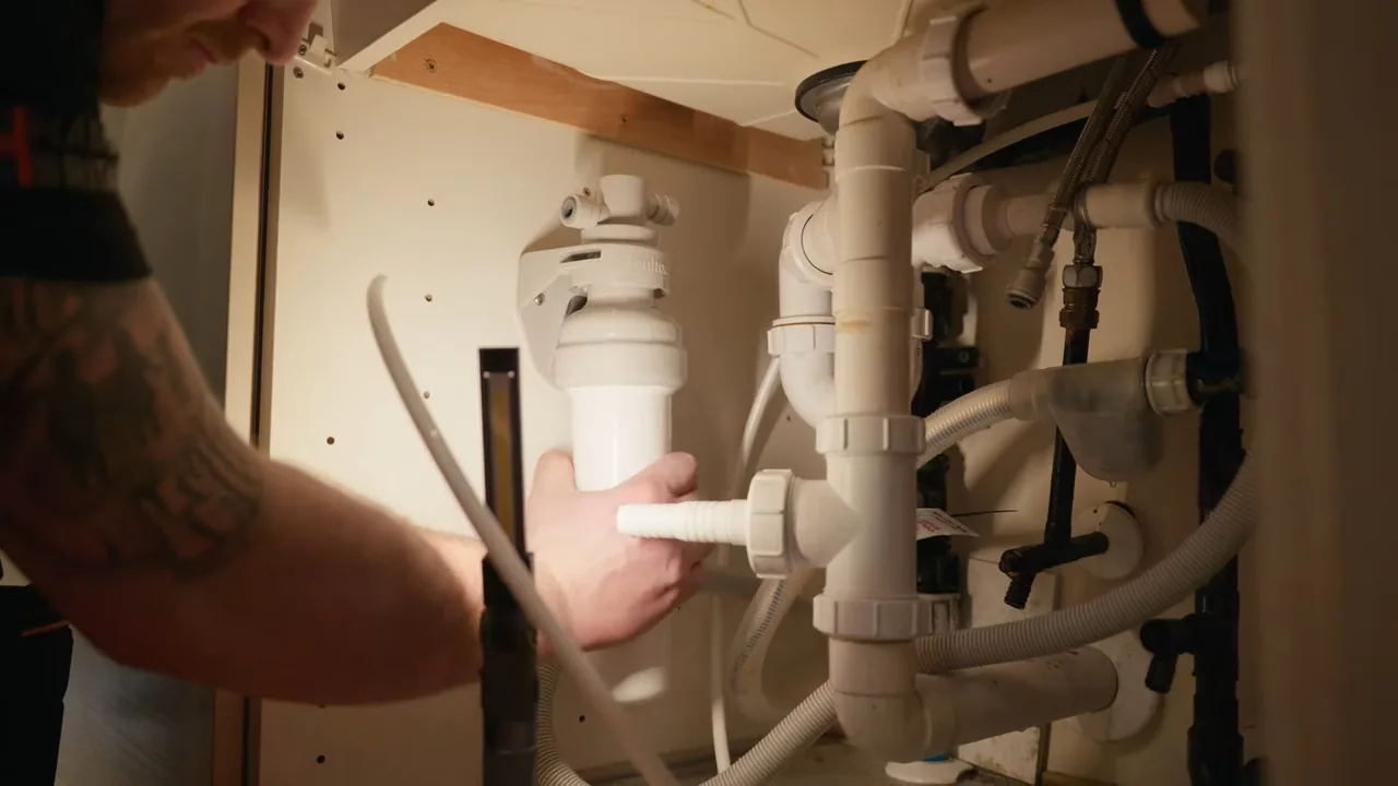 Technician reaching into an under-sink cabinet to adjust white drain pipes and supply tubing.