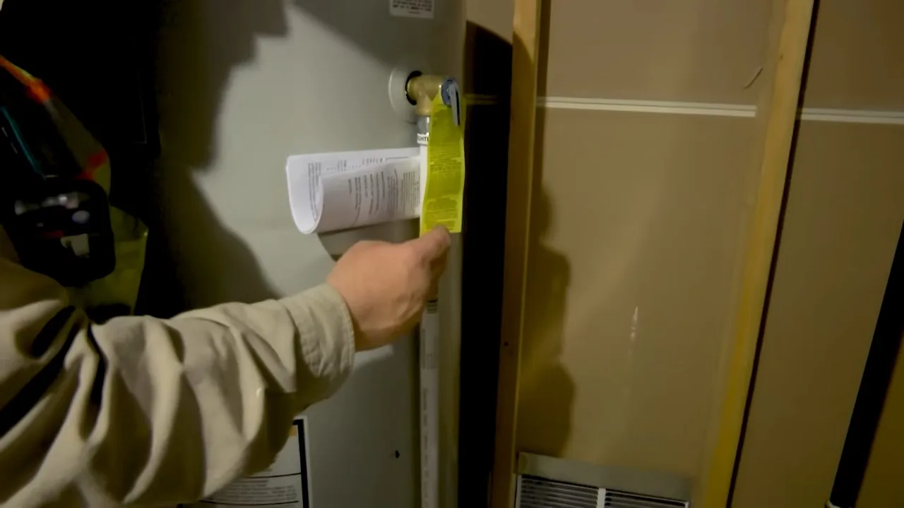 Hand holding a yellow tag and papers against a water heater cabinet, with wall framing beside it.