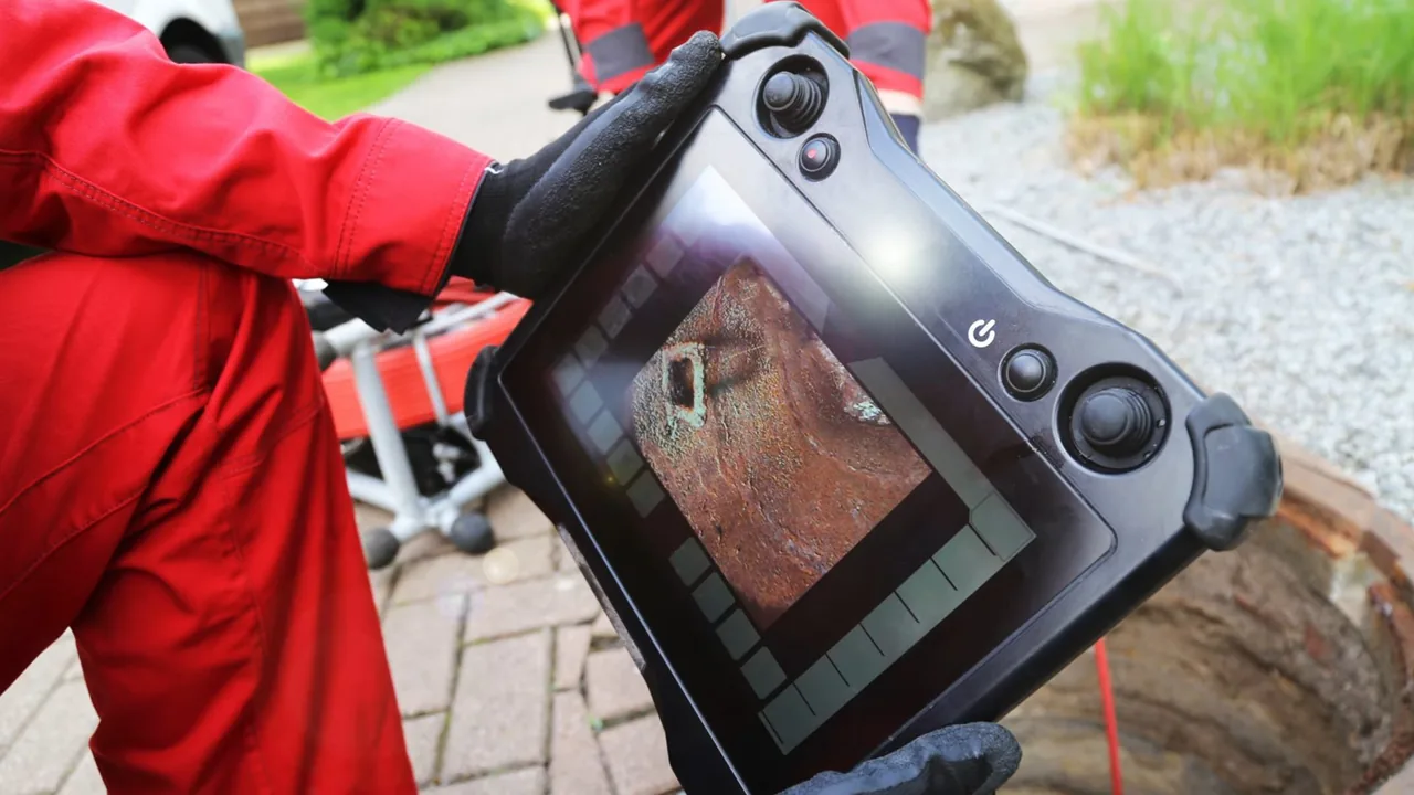 Technician in red coveralls holding a sewer camera monitor beside a paved access opening.