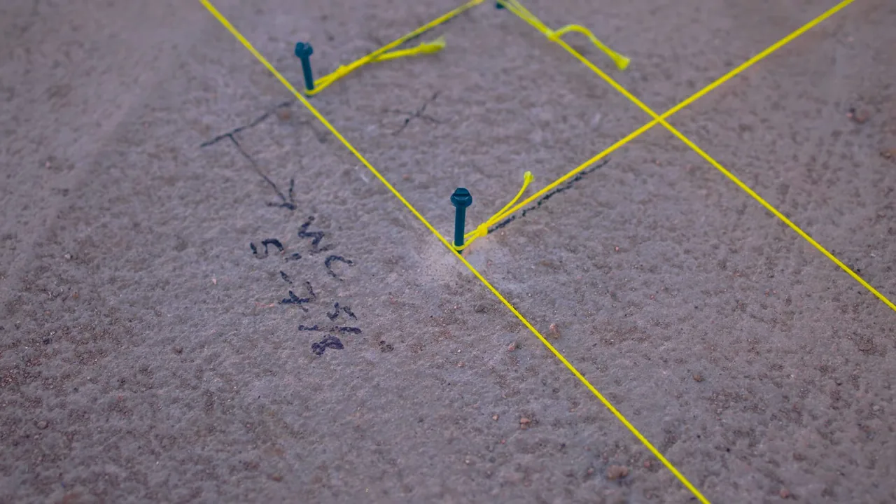Carpeted floor marked with yellow string lines, pins and handwritten notes tracing a pipe route.