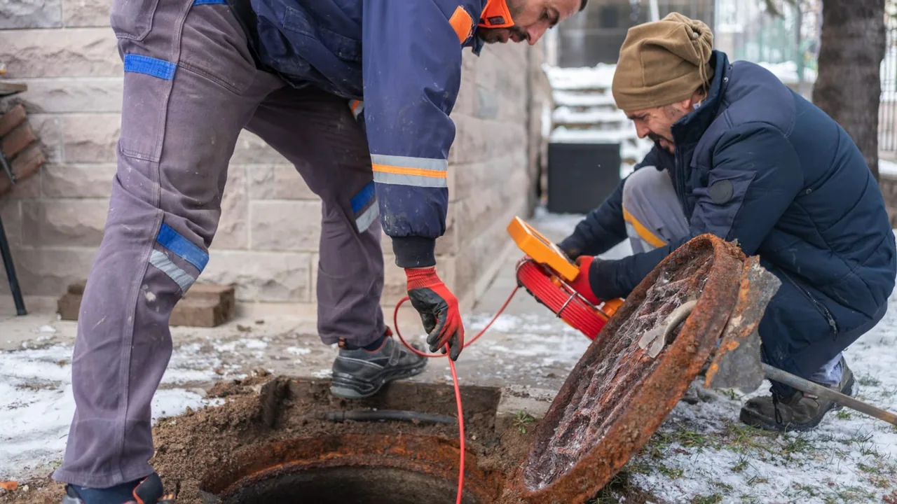 Two workers beside an open manhole with its rusted cover tipped aside, one holding an orange locator on snowy ground.